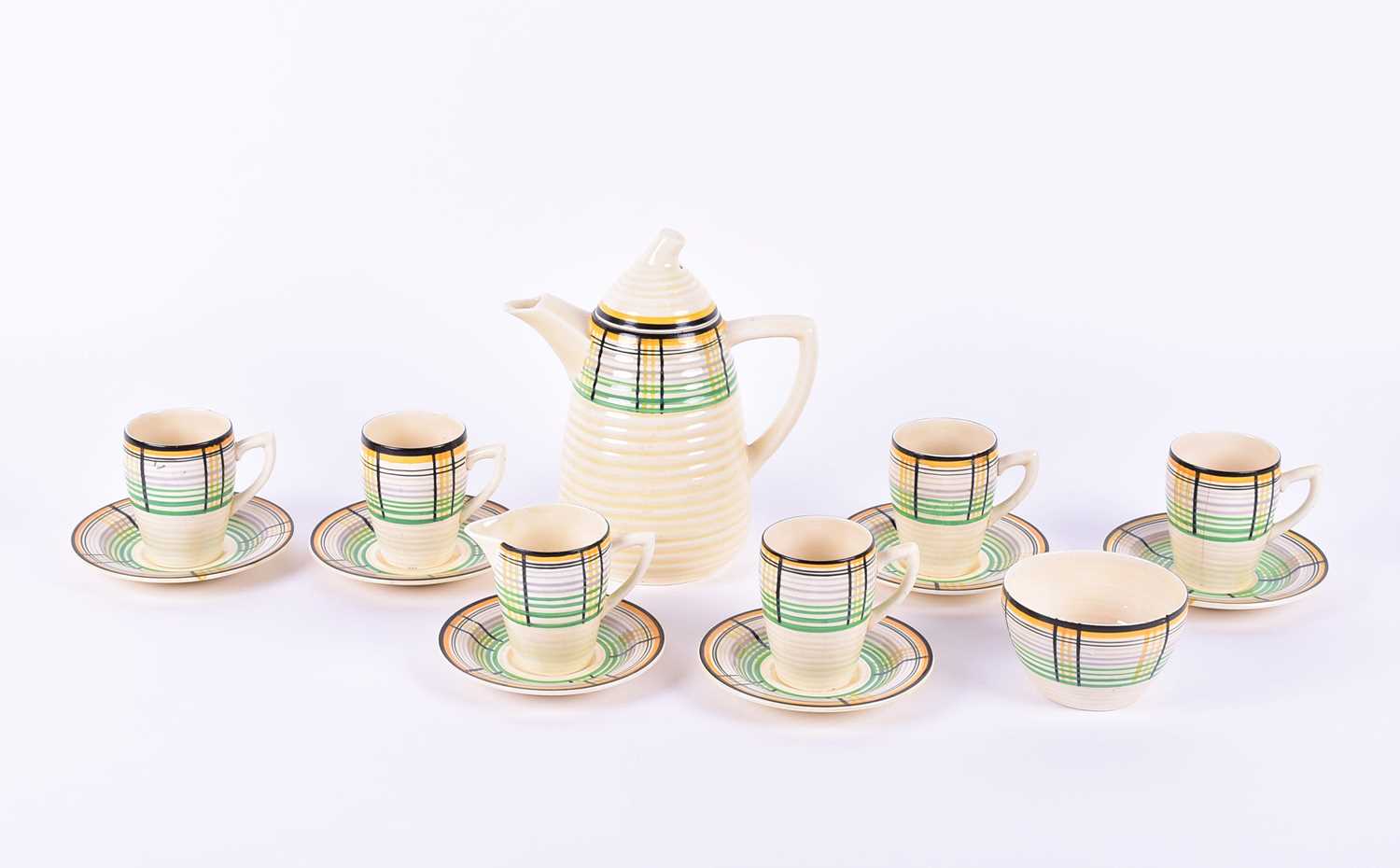 A Clarice Cliff Bizarre 1930s 'Tartan' pattern part coffee service, for Wilkinson, numbered 6517,