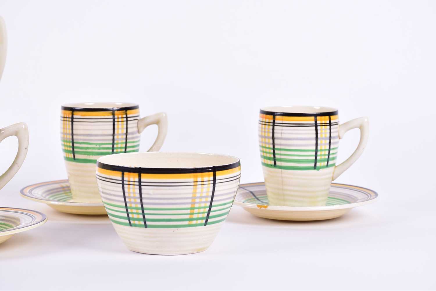 A Clarice Cliff Bizarre 1930s 'Tartan' pattern part coffee service, for Wilkinson, numbered 6517, - Image 9 of 11