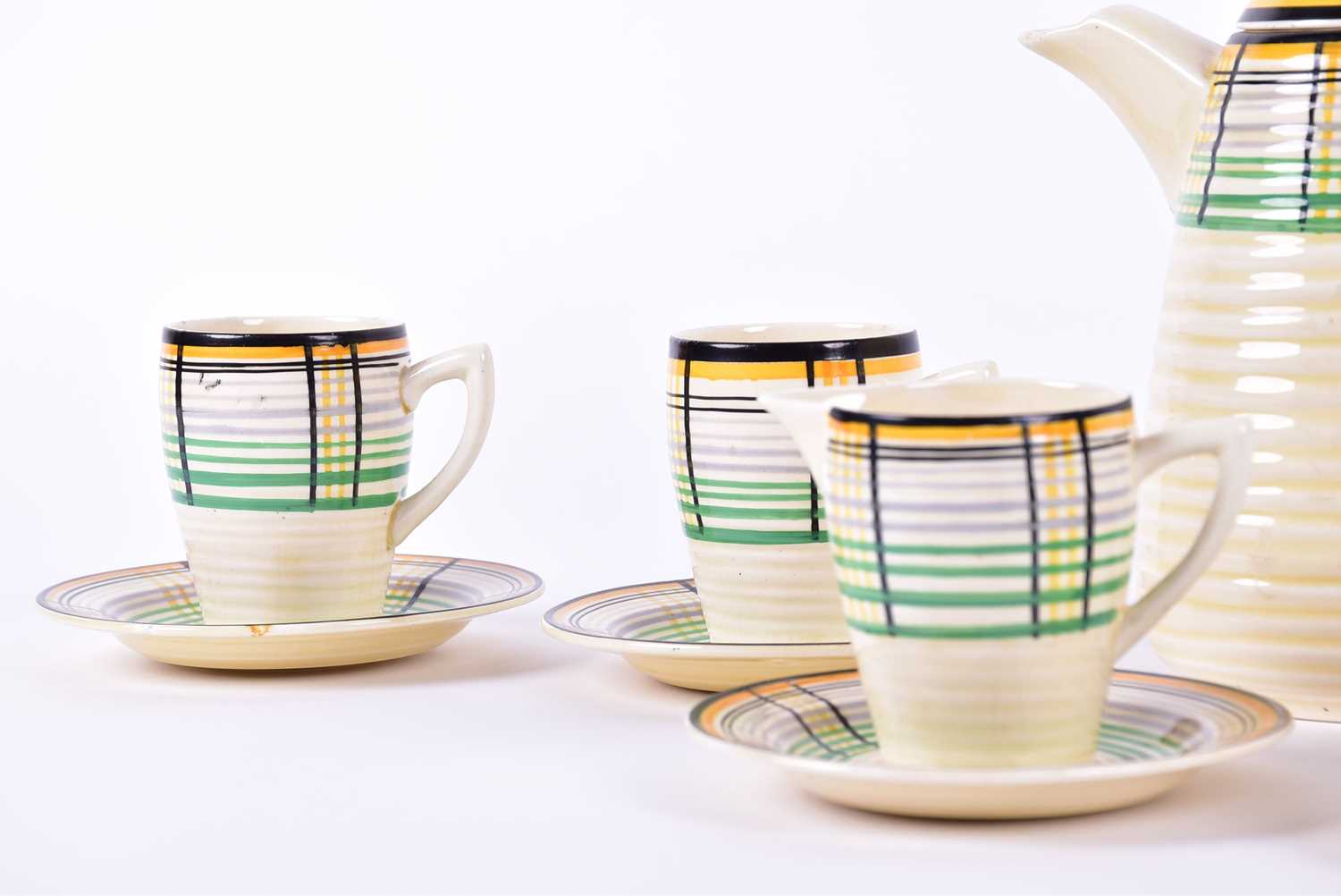 A Clarice Cliff Bizarre 1930s 'Tartan' pattern part coffee service, for Wilkinson, numbered 6517, - Image 2 of 11