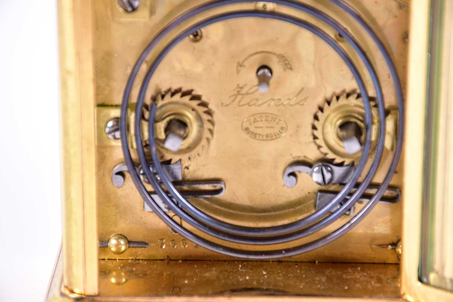 An early 20th century 8-day repeating carriage clock. With gilt brass corniche case. The movement - Image 7 of 10