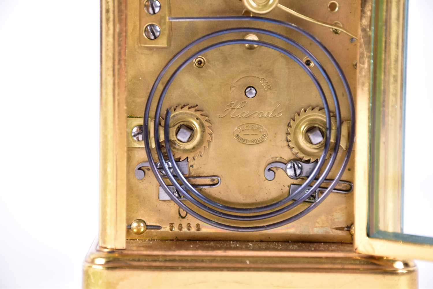 An early 20th century 8-day repeating carriage clock. With gilt brass corniche case. The movement - Image 4 of 10
