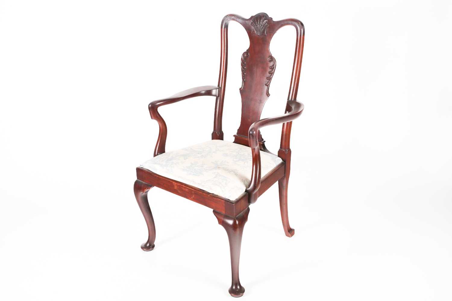 A George II style mahogany open arm carver chair with carved vase splat, crook arms above a drop - Image 5 of 6