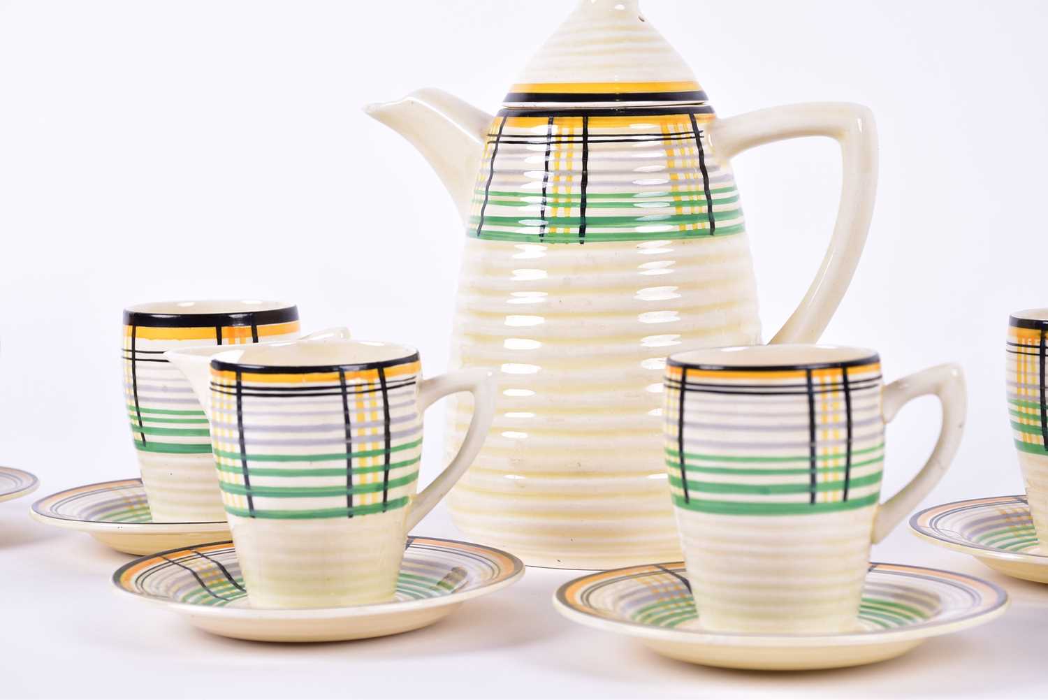 A Clarice Cliff Bizarre 1930s 'Tartan' pattern part coffee service, for Wilkinson, numbered 6517, - Image 8 of 11