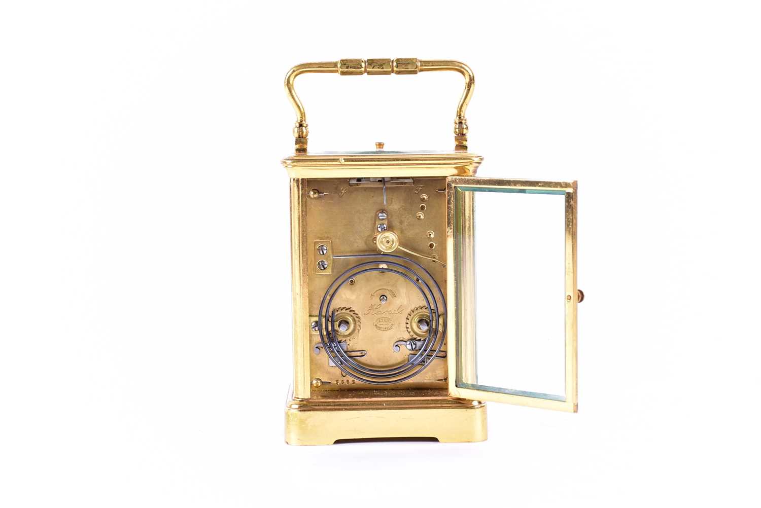An early 20th century 8-day repeating carriage clock. With gilt brass corniche case. The movement - Image 3 of 10