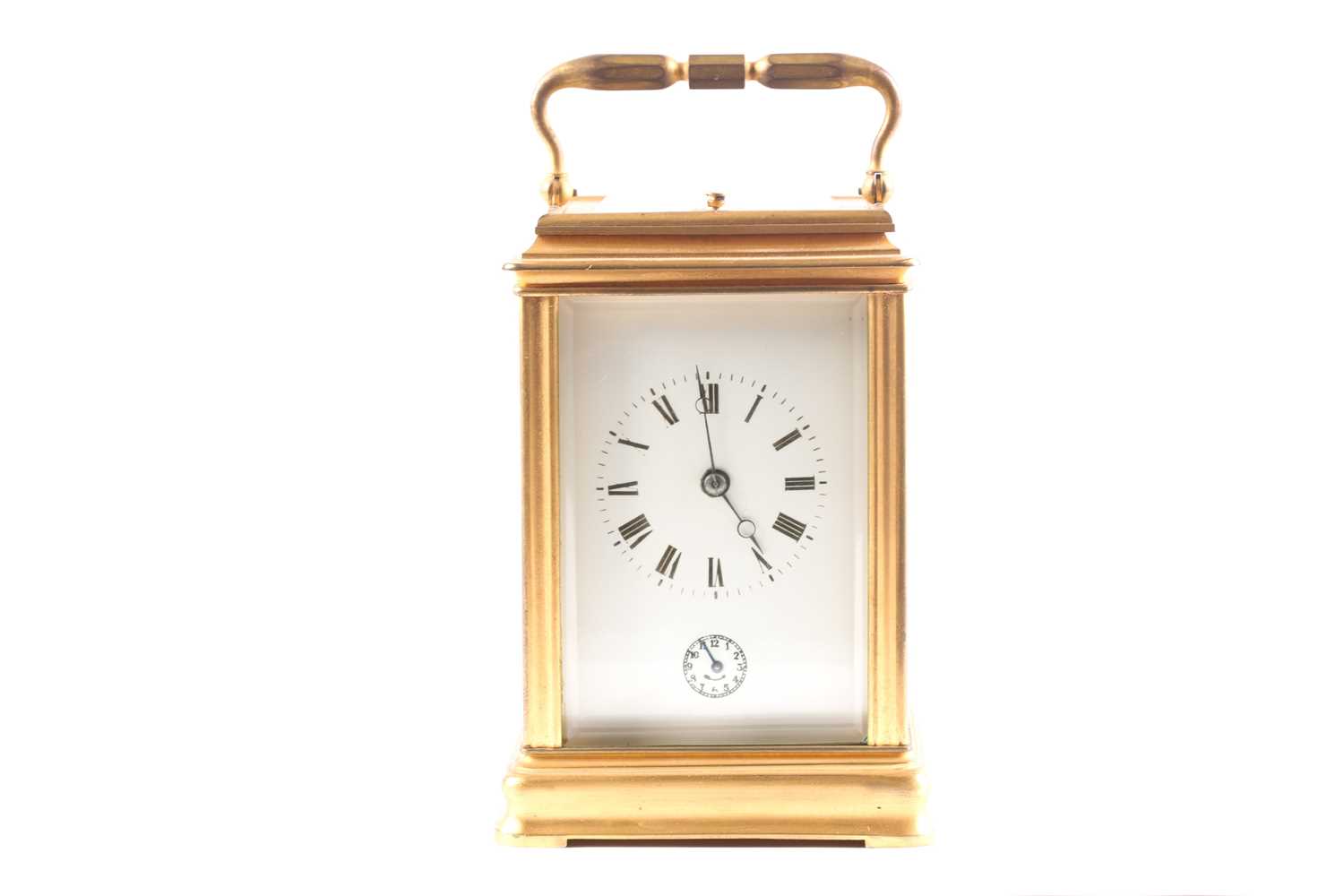 A brass gourge case carriage clock, c1900, strikiing on the hour and half hour, with alarm and