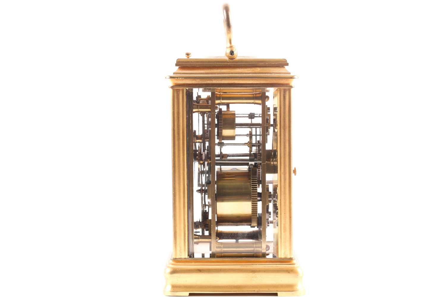 A brass gourge case carriage clock, c1900, strikiing on the hour and half hour, with alarm and - Image 3 of 6