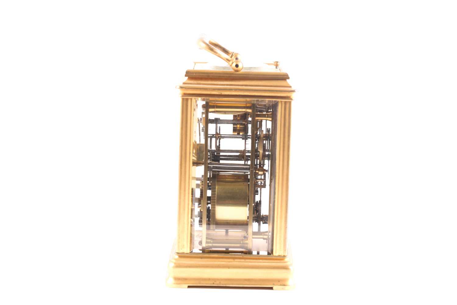 A brass gourge case carriage clock, c1900, strikiing on the hour and half hour, with alarm and - Image 5 of 6