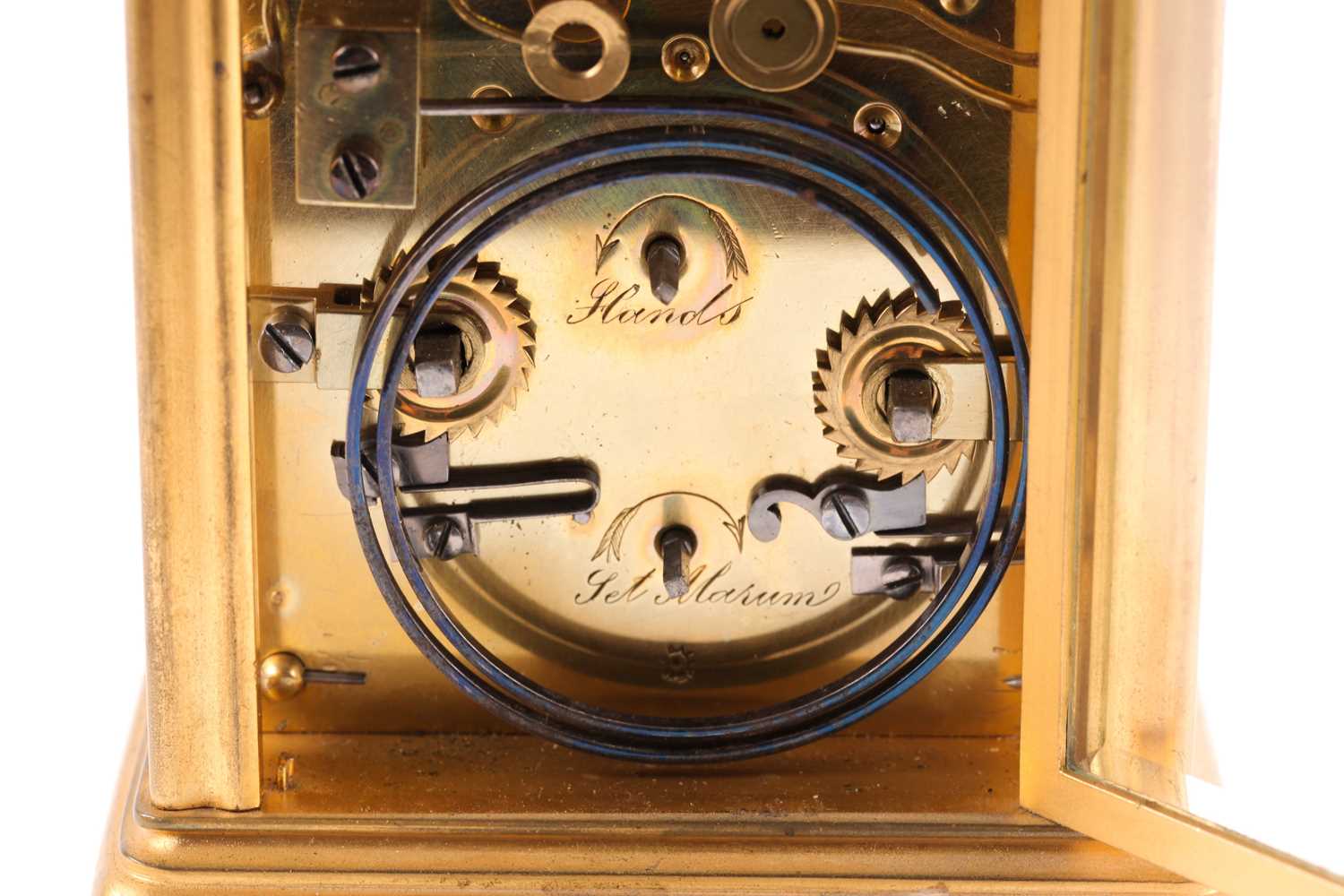 A brass gourge case carriage clock, c1900, strikiing on the hour and half hour, with alarm and - Image 2 of 6