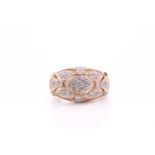A 9ct yellow gold and diamond ring, the openwork band inset with round-cut diamond accents (one