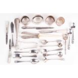 A collection of small silver items including napkin rings, fruit knives, teaspoons, shoehorn,