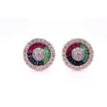 A pair of diamond, ruby, sapphire, and emerald earrings, of circular form, each centred with a