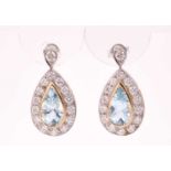 A pair of diamond and aquamarine earrings, each collet-set in yellow gold with a pear-cut aquamarine