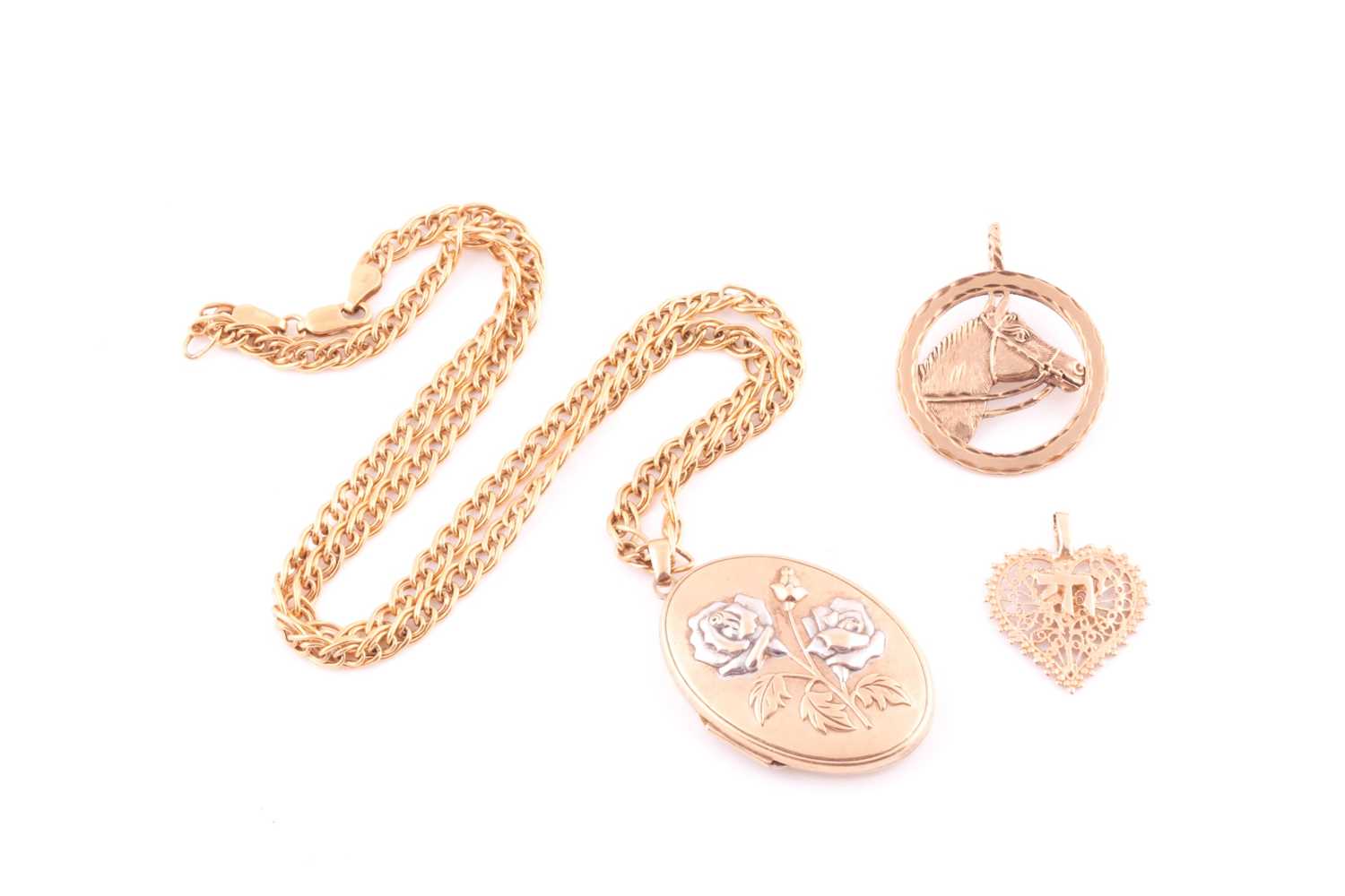 A two colour 9 carat gold oval locket; with applied rose motif; to a fancy double cable link