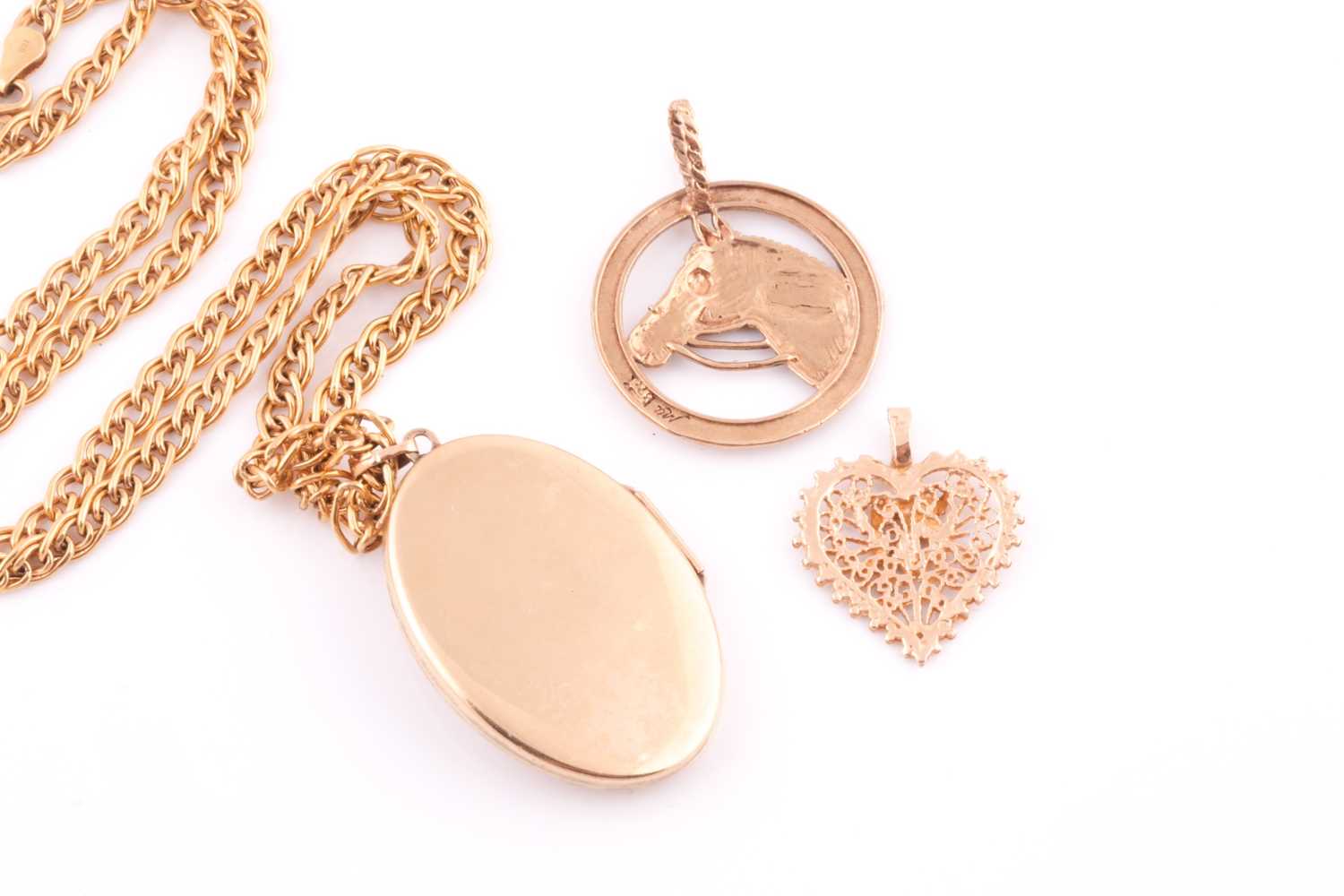 A two colour 9 carat gold oval locket; with applied rose motif; to a fancy double cable link - Image 2 of 3