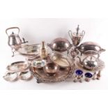 A collection of silver plated and white metal items, to include a large salver, samovar, cruets,