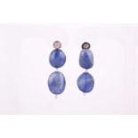 A pair of 18ct white gold and sapphire drop earrings, each set with two tumbled sapphires and