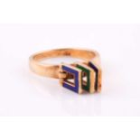 A 14k yellow gold and enamel ring, in the Modernist taste, set with three articulated blue and green