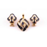 An 18ct yellow gold, diamond, and sapphire pendant, the diamond-shaped mount channel-set with