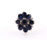 A 1970's sapphire and diamond cluster ring, the nine oval mixed cut sapphires set with six diamond
