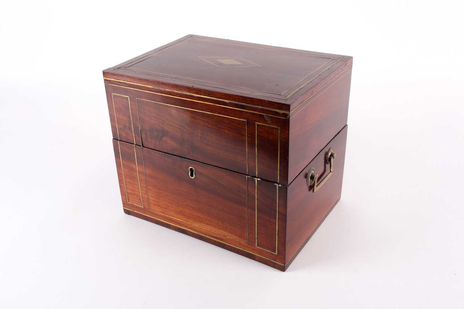 A Regency mahogany and brass bound three-bottle decanter set, the silk-lined interior with bottle - Image 2 of 5