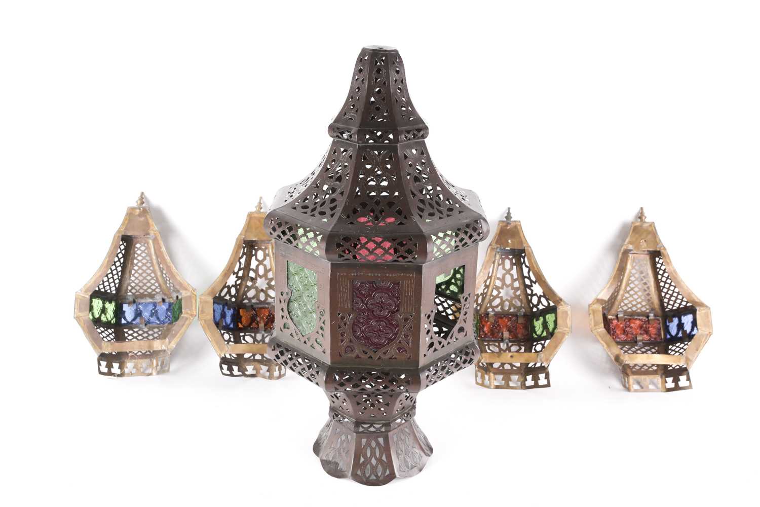 A Middle Eastern brass and coloured-glass Mosque lamp, of octagonal form, for floor or hanging - Image 5 of 6