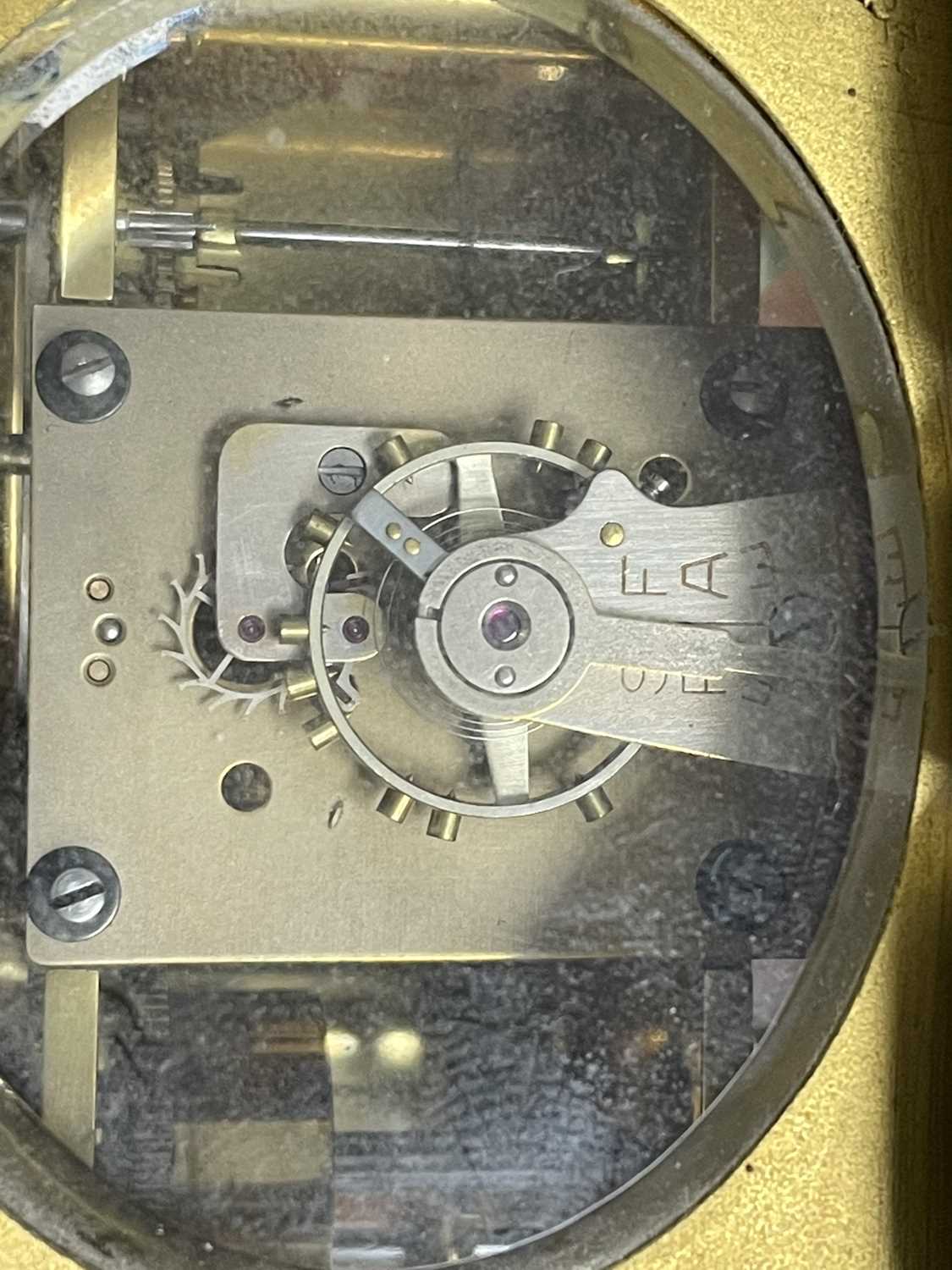 A brass gourge case carriage clock, c1900, strikiing on the hour and half hour, with alarm and - Image 9 of 12