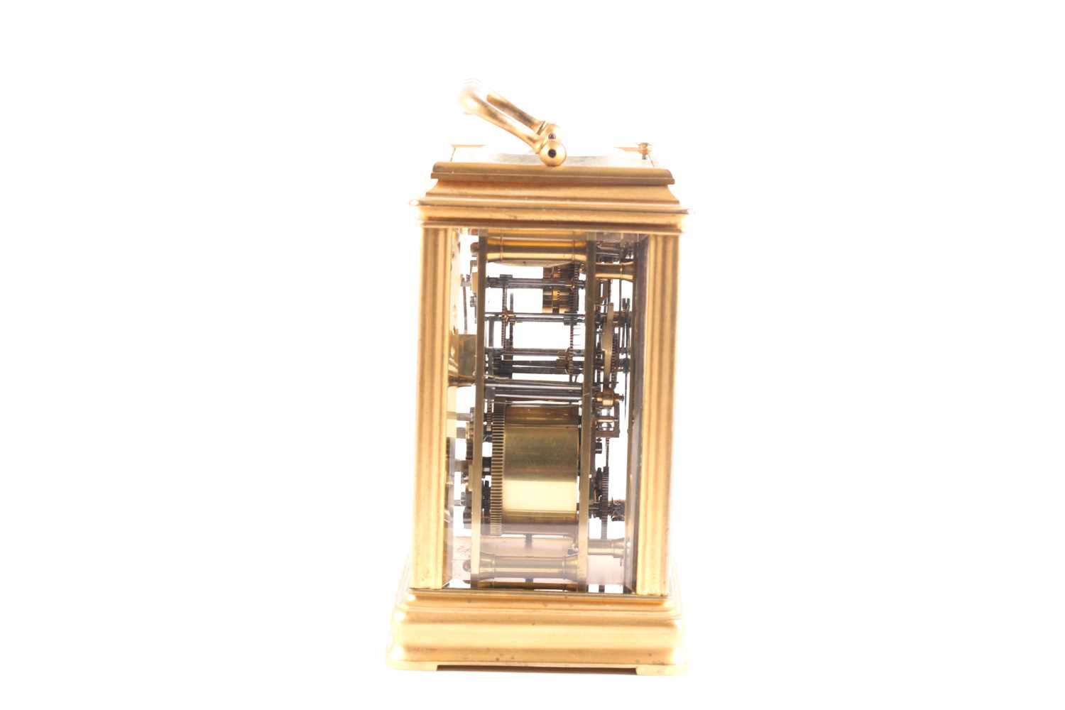 A brass gourge case carriage clock, c1900, strikiing on the hour and half hour, with alarm and - Image 5 of 12