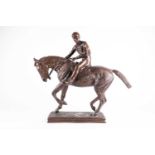 20th century school, a large bronze group of a horse and rider, unsigned, 55 cm high x 60 cm wide.