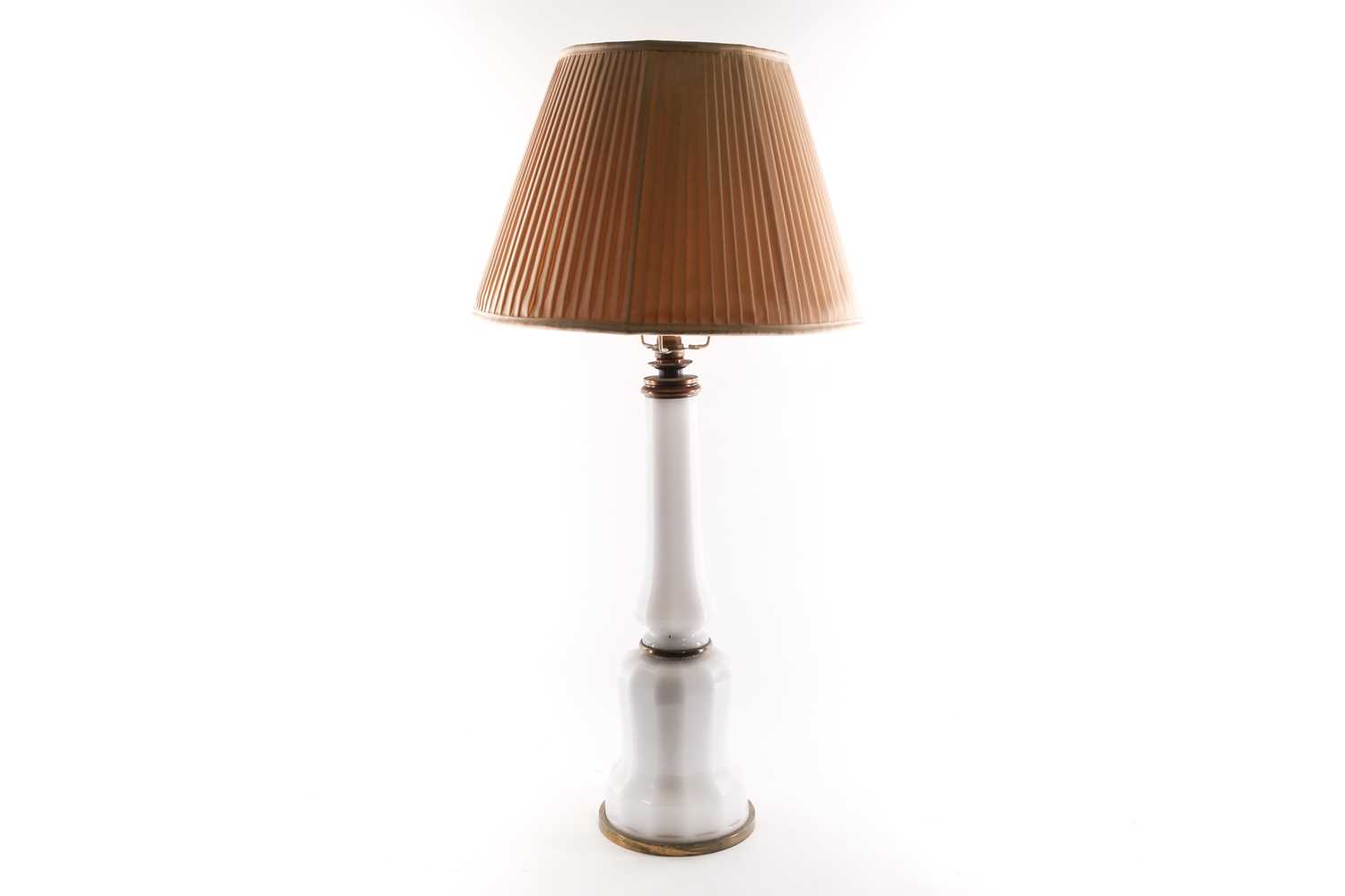 A large opaline glass table lamp, of shaped form with brass mounts, 54 cm high (to top of - Image 2 of 16