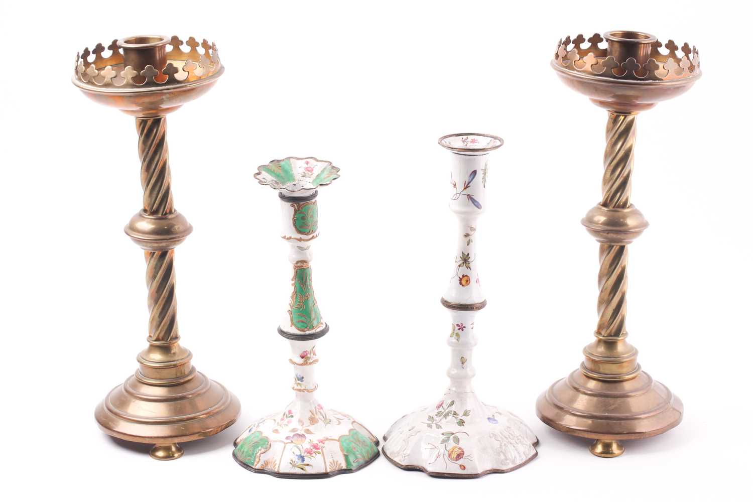 A pair of 19th-century brass candlesticks, in the Gothic Revival taste, 33 cm high, together with - Image 2 of 2