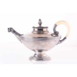 An early 20th century (Sterling) German silver teapot. Of classical pedestal urn form with ivory