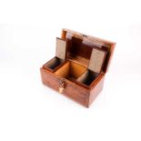 A good early 19th-century burr yew and inlaid tea caddy, of plain rectangular form on bun feet,