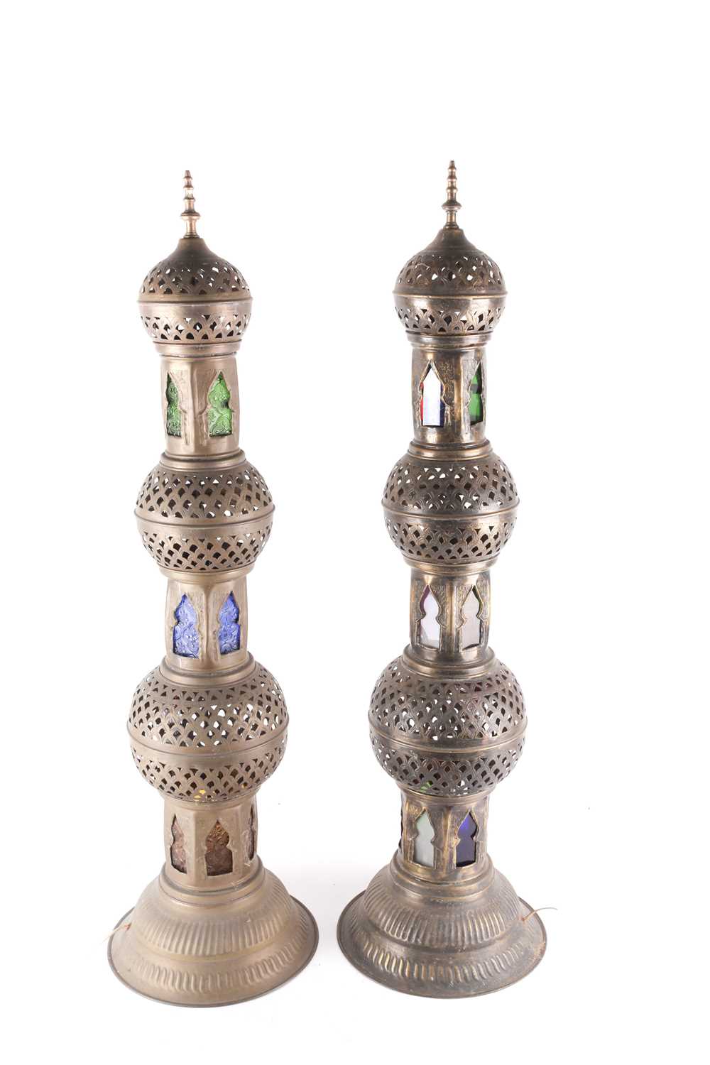 A pair of Middle eastern floor-standing Mosque lamps, converted to electricity, with pierced brass - Image 5 of 5