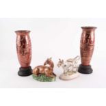 A near pair of 19th century Continental ruby-lustre decorated vases, mounted in wooden bases, 28