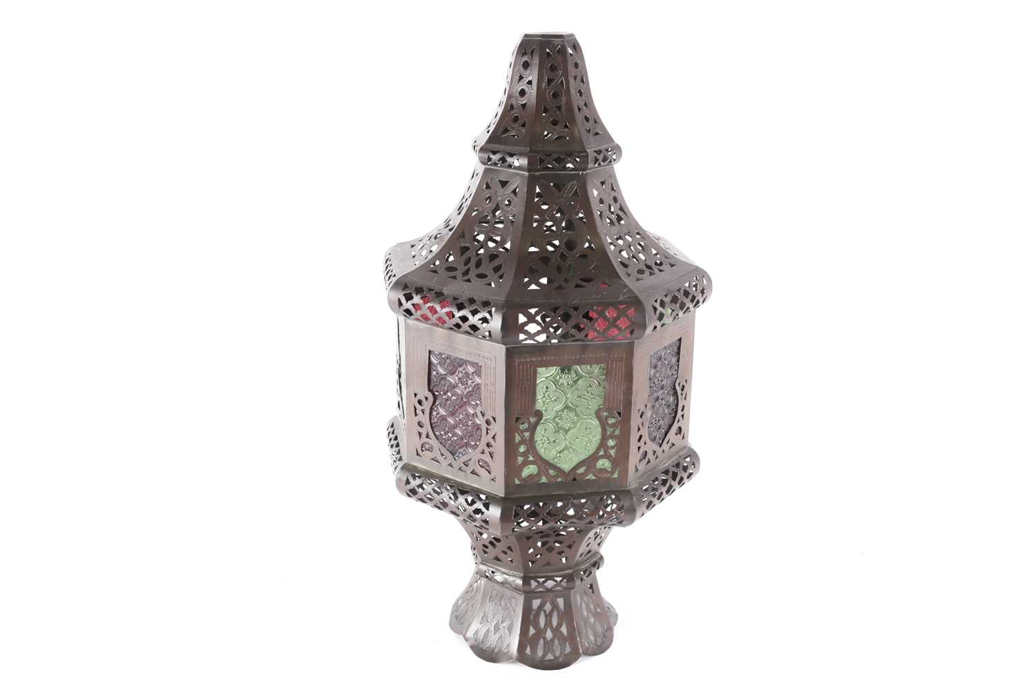 A Middle Eastern brass and coloured-glass Mosque lamp, of octagonal form, for floor or hanging - Image 6 of 6