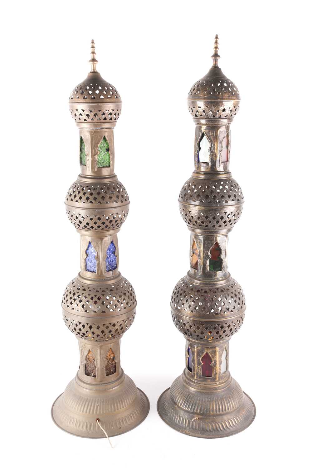 A pair of Middle eastern floor-standing Mosque lamps, converted to electricity, with pierced brass - Image 3 of 5