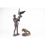 Late 20th-century school, a large bronze figure of a boy with a bird of prey, 58 cm high, together