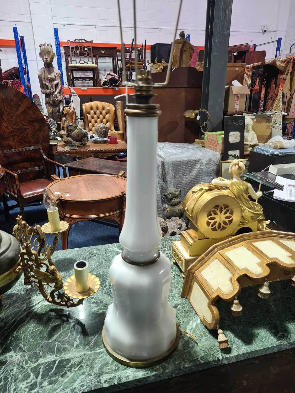 A large opaline glass table lamp, of shaped form with brass mounts, 54 cm high (to top of - Image 4 of 16