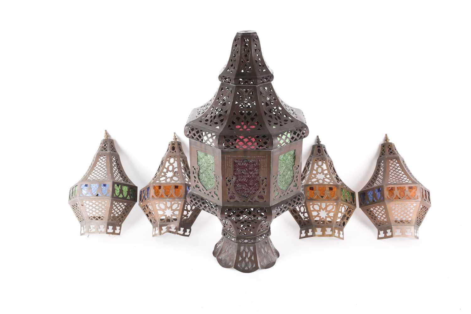 A Middle Eastern brass and coloured-glass Mosque lamp, of octagonal form, for floor or hanging