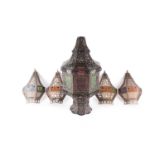 A Middle Eastern brass and coloured-glass Mosque lamp, of octagonal form, for floor or hanging