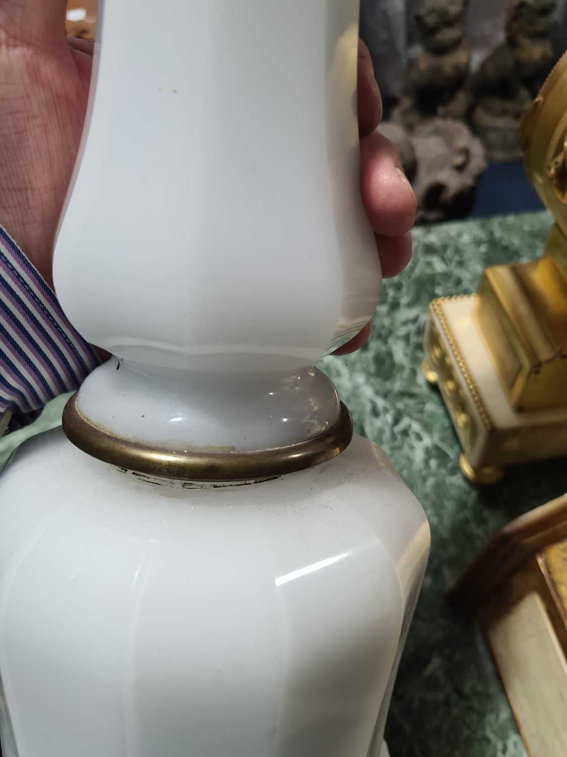 A large opaline glass table lamp, of shaped form with brass mounts, 54 cm high (to top of - Image 9 of 16