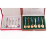 A set of six silver gilt and guilloché enamel teaspoons, by W & S Sorensen of Denmark, in original