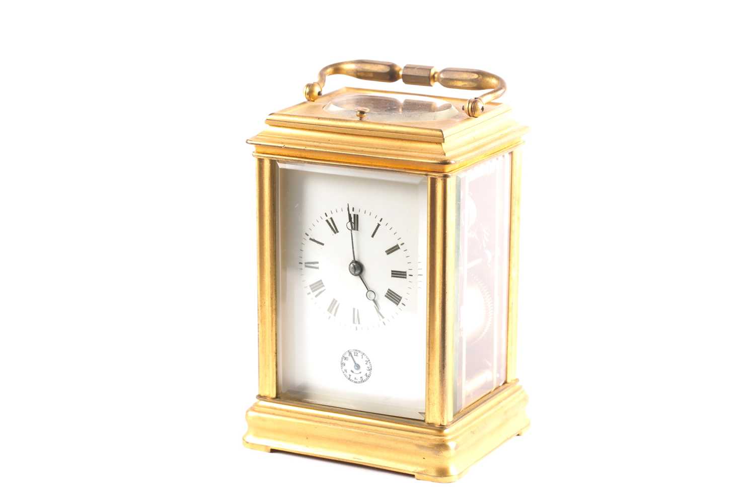 A brass gourge case carriage clock, c1900, strikiing on the hour and half hour, with alarm and - Image 6 of 12