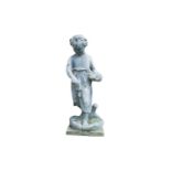 A composite stone garden statue of a girl, carrying a basket of flowers, on a square base, 85 cm