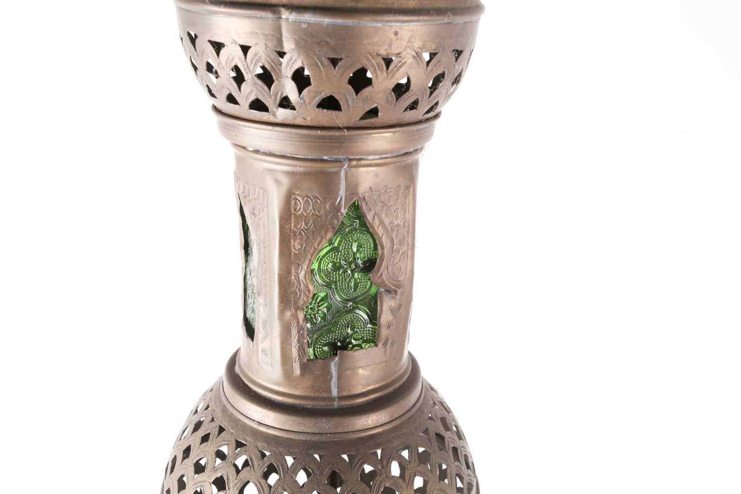 A pair of Middle eastern floor-standing Mosque lamps, converted to electricity, with pierced brass - Image 4 of 5