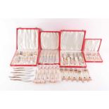 A suit of Frigast Denmark silver-gilt and pink guilloché enamel flatware, six place setting,