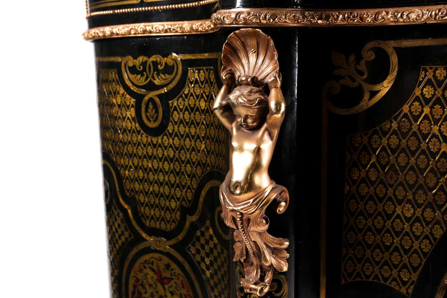 A 19th century French ebonized and red Boulle inlaid serpentine single door credenza, with shaped - Image 7 of 8