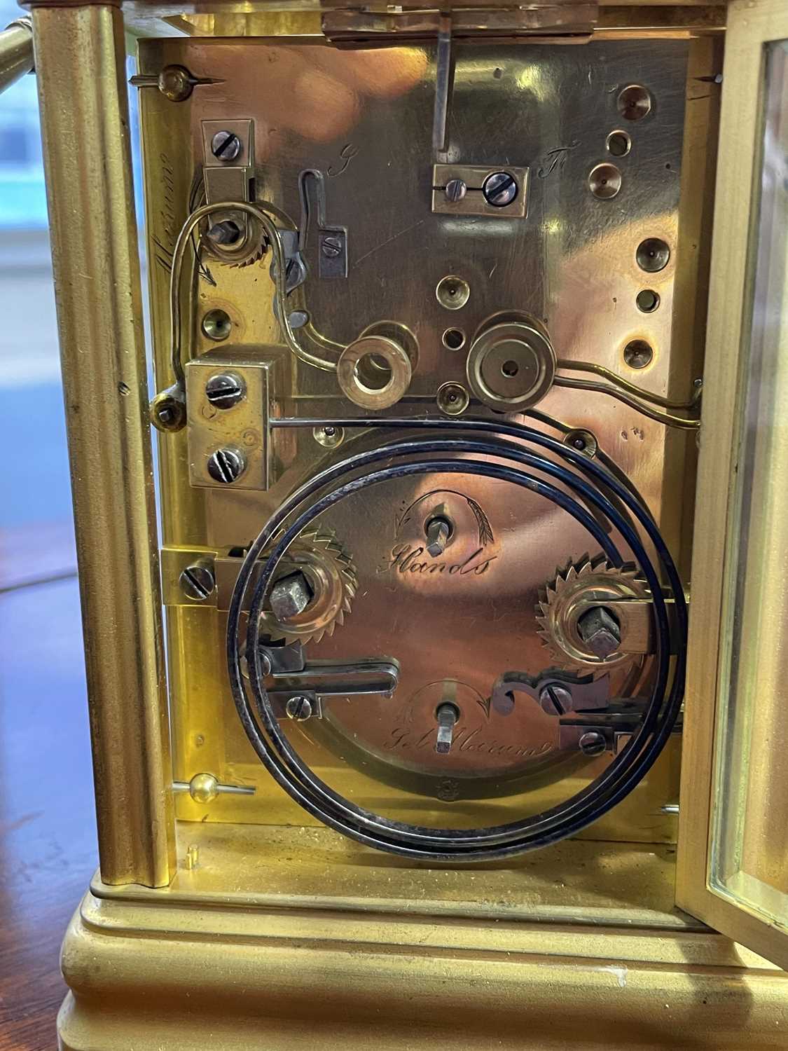 A brass gourge case carriage clock, c1900, strikiing on the hour and half hour, with alarm and - Image 8 of 12