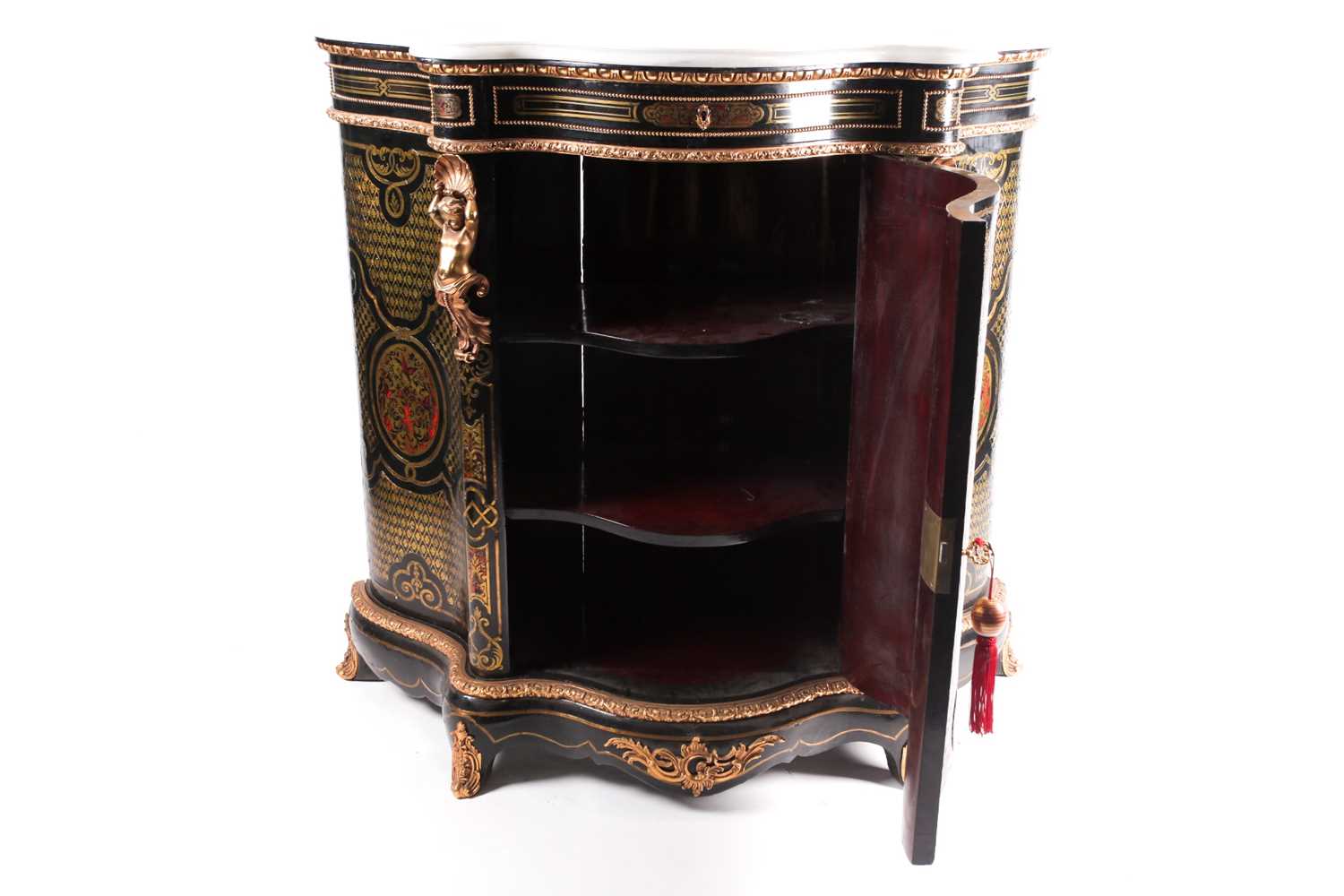 A 19th century French ebonized and red Boulle inlaid serpentine single door credenza, with shaped - Image 8 of 8