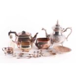 A mixed group of silver plated items, to include a teaset, a large teapot, flatware and other
